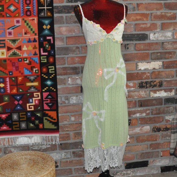 Romantic Lacemade Honeygreen Manor Knit Dress Crocheted Flowers S - Picture 1 of 14